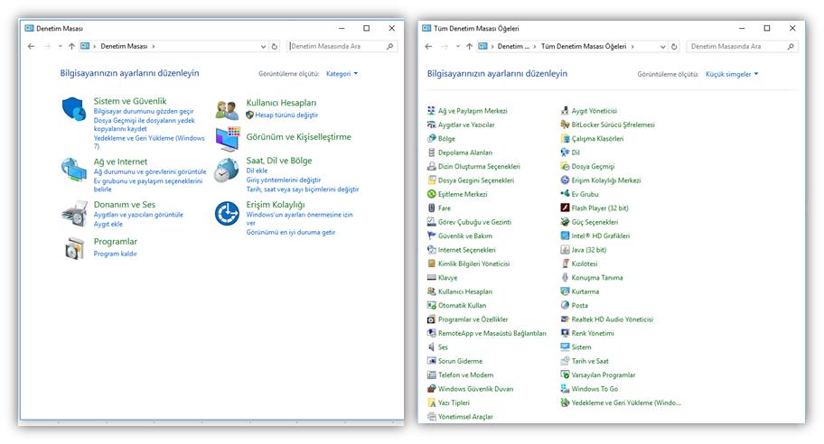 Denetim masasının iki görünümü vardır. Simgeler ve Kategori görünümüdür.