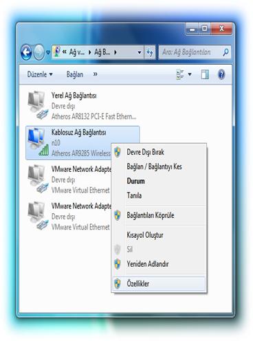 Bu seçenek yardımıyla bilgisayarımızda yer alan ağ kartlarını görebilir ve ağ ayarlarını yapabiliriz. Karşımıza gelen ekranda örnek bilgisayarda yüklü ağ kartları listelenmektedir.