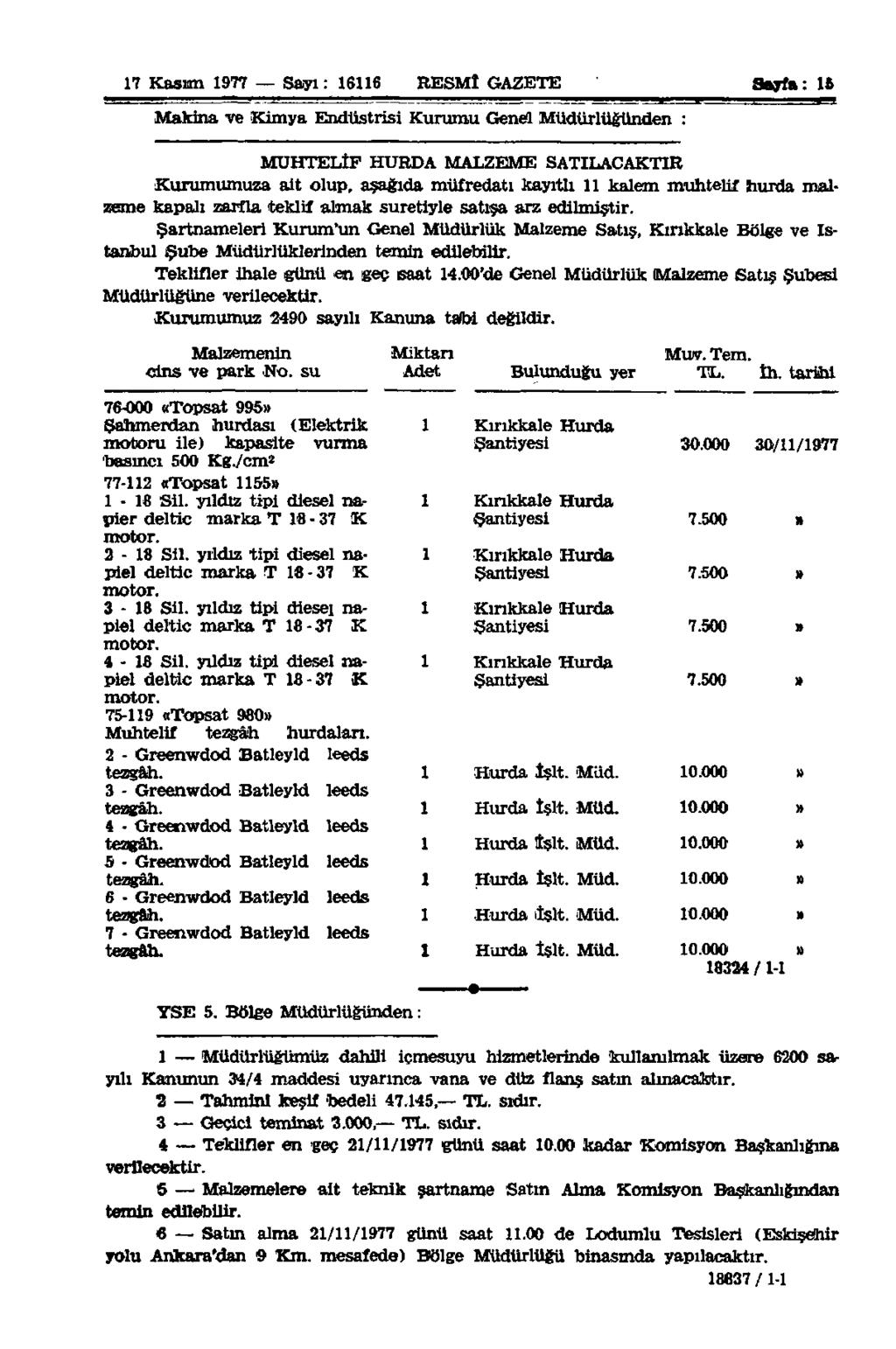 17 Kasım 1977 Sayı: 16116 RESMÎ GAZETE Sayfa: 15 Makina ve Kimya Endüstrisi Kurumu Genel Müdürlüğünden : MUHTELİF HURDA MALZEME SATILACAKTIR Kurumumuza ait olup, aşağıda müfredatı kayıtlı 11 kalem