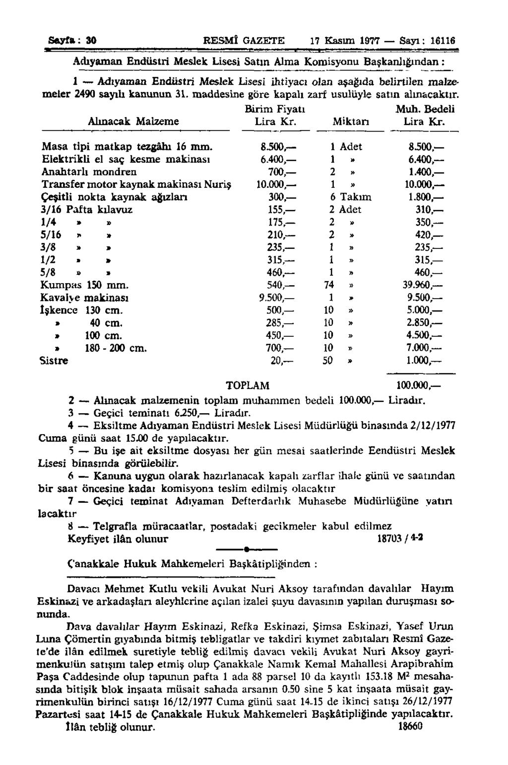 Sayfa: 30 RESMÎ GAZETE 17 Kasım 1977 Sayı: 16116 Adıyaman Endüstri Meslek Lisesi Satın Alma Komisyonu Başkanlığından: 1 Adıyaman Endüstri Meslek Lisesi ihtiyacı olan aşağıda belirtilen malzemeler