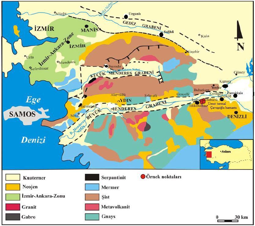 Şekil 1.4. Menderes masifinin jeolojik haritası ve örnek noktaları (Şengör, 1982 ve Dora vd., 1995: Özgür vd., 1998) Menderes masifi içindeki litostratigrafik birimler: Candan vd.