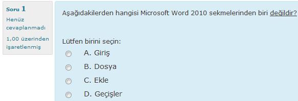 Şekil 9 Sınav Etkinliği Sınav etkinliği çoktan seçmeli sorulardan oluşan sınavlardır. Vermiş olduğunuz her bir cevap otomatik olarak kaydedilir ve aldığınız not, not çizelgesine aktarılır.