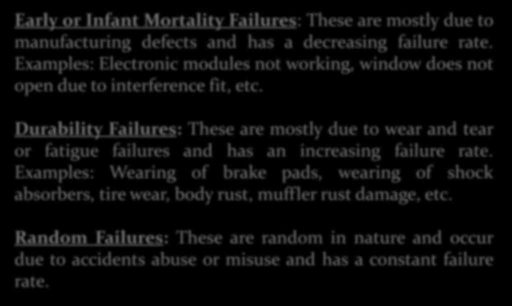 Durability Failures: These are mostly due to wear and tear or fatigue failures and has an increasing failure rate.