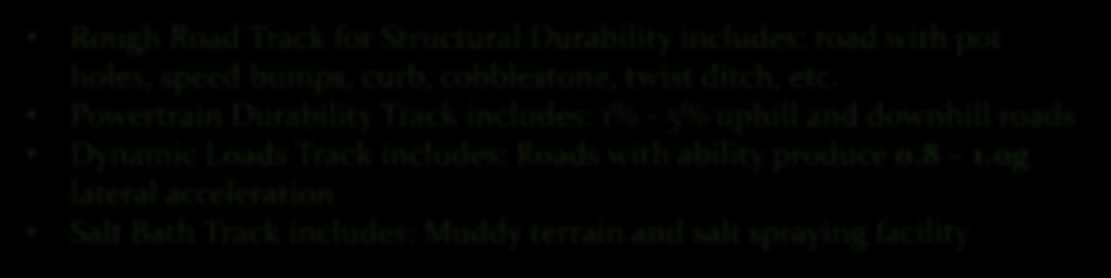 Proving Ground Testing Hilly Terrain for Powertrain Salt Bath Dynamic Loads Rough Road Track Rough Road Track for Structural Durability includes: road with pot holes, speed bumps, curb, cobblestone,