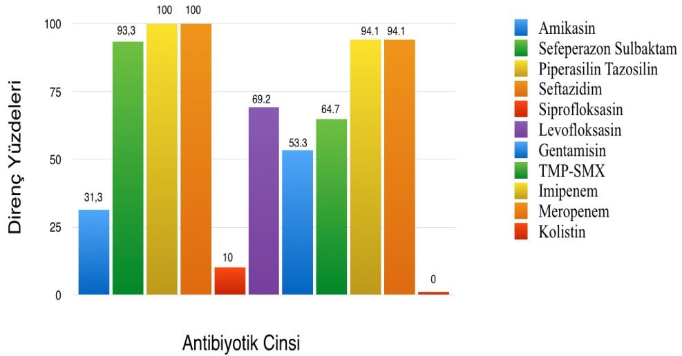 ŞEKİL-12: Acinetobacter baumannii izolatlarında antibiyotik direnç oranları Vaka grubundaki bakteriyemilerin 239 (%76,8) unun primer KDİ, 72 (%23,2) sinin sekonder KDİ olduğu saptandı.