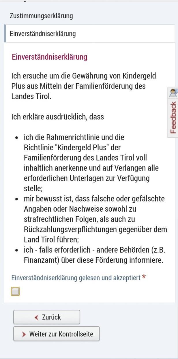 Rıza beyanı Tirol Eyaleti tarafından aile teşviki bütçesinden bana Çocuk Parası Plus ödenmesini istiyorum.