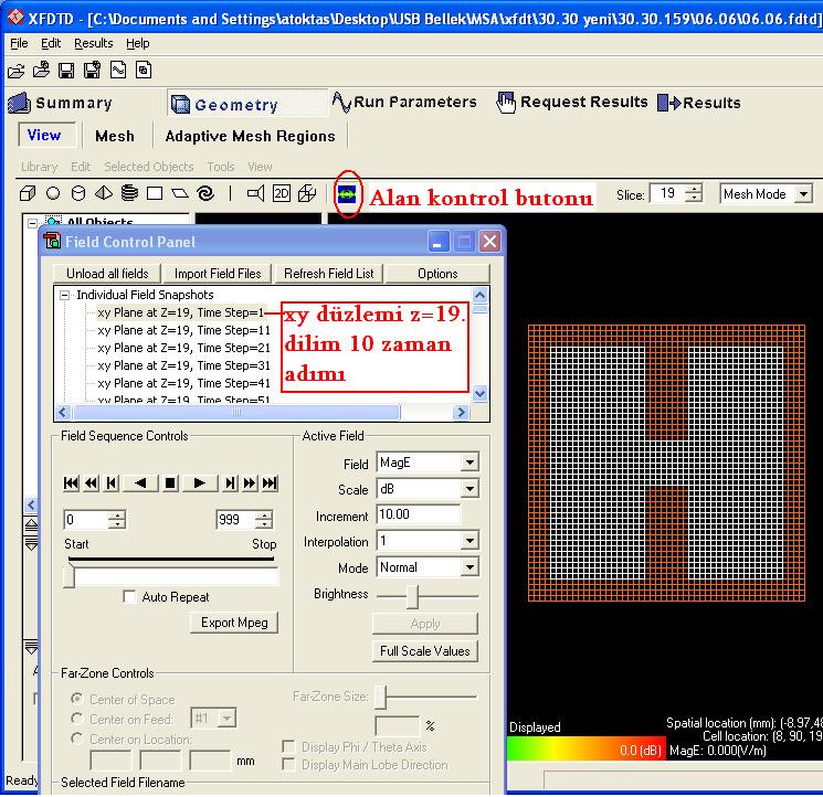 Şekil Ek-2.22. Alan Kontrol Panelinin çalıştırılması Alan kontrol panelinde 10 lu aralıklarla artan her bir zaman adımındaki alan değerleri kaydedilmiştir.