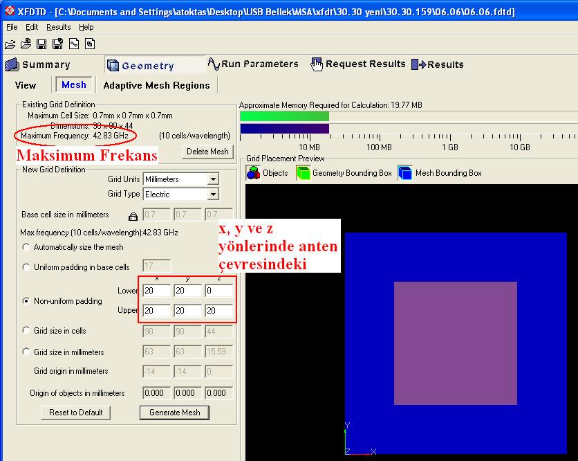 alınmaktadır. Işık hızı (c=3x10 8 m/s) yerine konulduğunda L max =0.7 mm olarak bulunur. Izgaralama parametreleri, Şekil Ek-2.10 da gösterilen Geometry menüsünün Mesh sekmesinden tanıtılır.