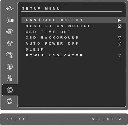 Kontrol Açıklamas Setup menu (Ayar menüsü) kontrolleri aşağıda açıklanmıştır: Language Select (Dil seçimi) Kullanıcının menülerde ve kontrol ekranlarında kullanılan dili seçmesine olanak sağlar.