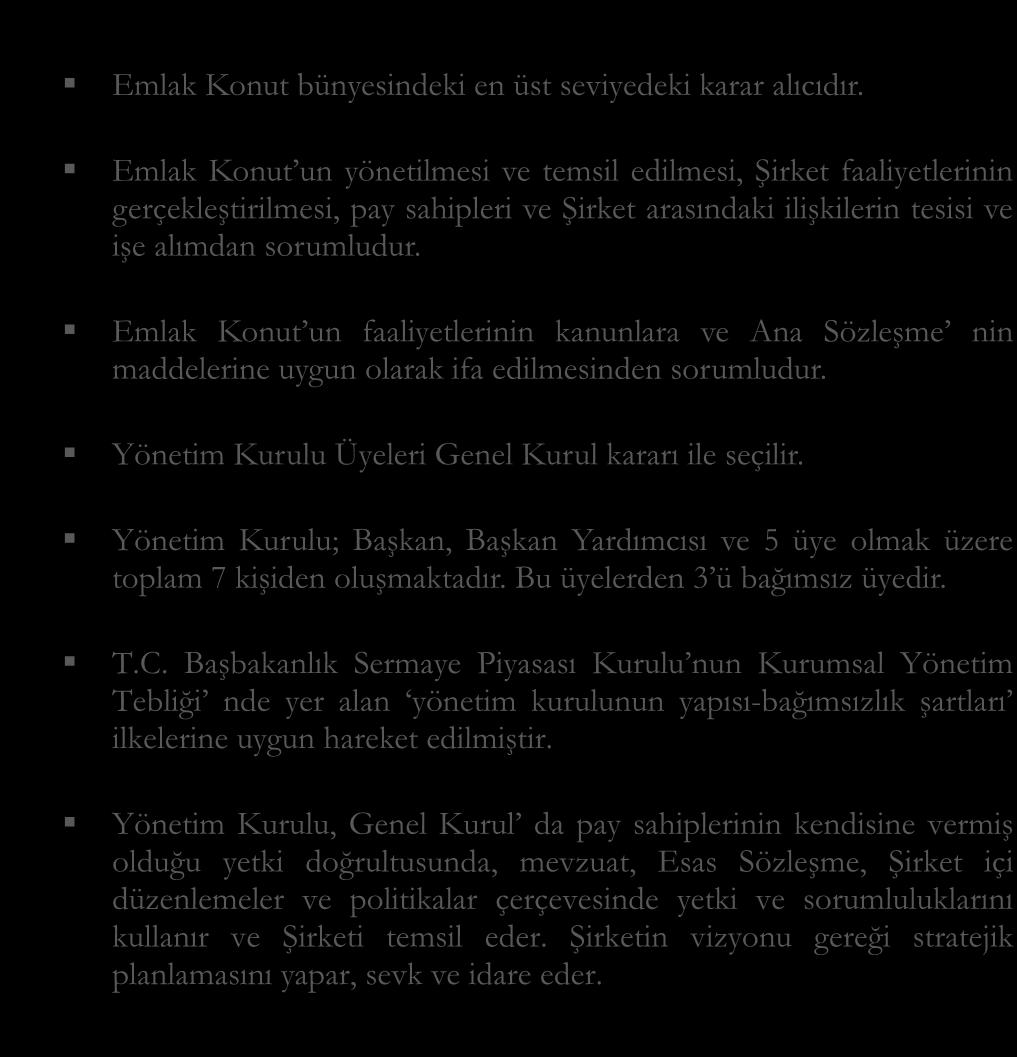 Emlak Konut un faaliyetlerinin kanunlara ve Ana Sözleşme nin maddelerine uygun olarak ifa edilmesinden sorumludur. Yönetim Kurulu Yönetim Kurulu Üyeleri Genel Kurul kararı ile seçilir.