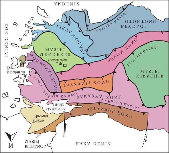 Şekil 4.2. Batı Türkiye deki kenet zonlarını ve tektonik birliklerin konumları ile ilişkilerini gösteren basitleştirilmiş tektonik harita (Okay ve Tüysüz, 1999 dan değiştirilerek alınmıştır.