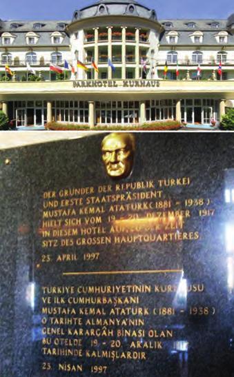 Bad Kreuznah Park Hotel (üstte) Atatürk panosu (altta) rahatsızlığı nedeni ile kaplıca tedavisi görmek için, o dönem Avusturya-Macaristan İmparatorluğu içinde bulunan Carlsbad'da