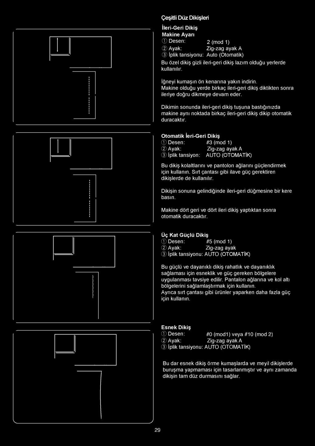 Çeşitli Düz Dikişleri İleri-Geri Dikiş Makine Ayarı Desen: 2 (mod 1 ) @ Ayak: Zig-zag ayak A @ İplik tansiyonu: Auto (Otomatik) Bu özel dikiş gizli ileri-geri dikiş lazım olduğu yerlerde kullanılır.