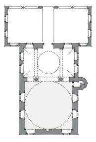 duvarları geriye alınarak plan büyütülmüş, ayrıca bir de son cemaat yeri eklenmiştir. Üzerindeki kitabe 1882 deki onarıma aittir (Edhem, 2001: 346). Caminin esas planı ters T şeklindedir.