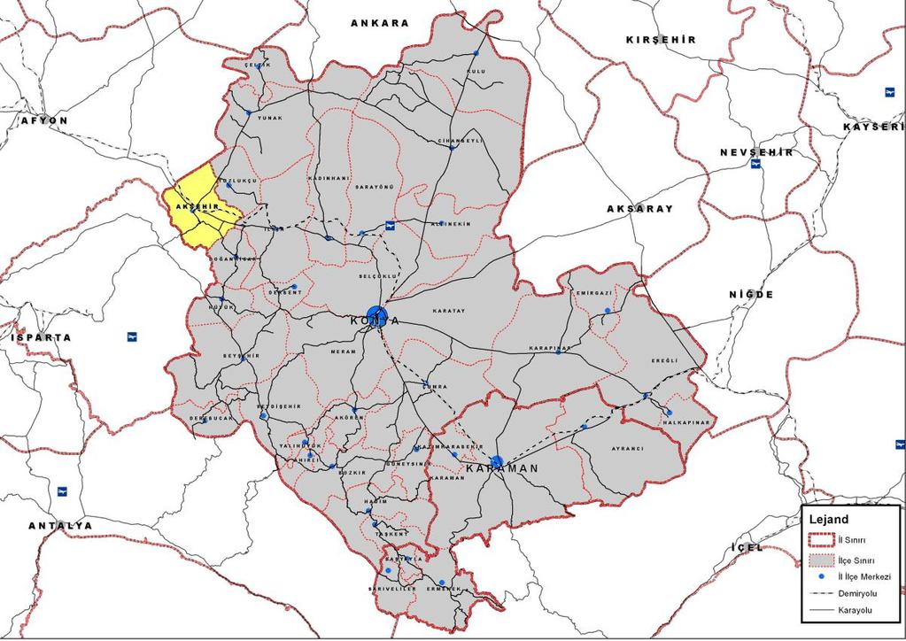 1. DOĞAL YAPI 1.1.COĞRAFİ ÖZELLİKLER Konya ili Akşehir ilçesi, 38 02 Kuzey enlemi ile 31 24 Doğu boylamı arasında yer almaktadır. İl merkezine uzaklığı 131 km dir.