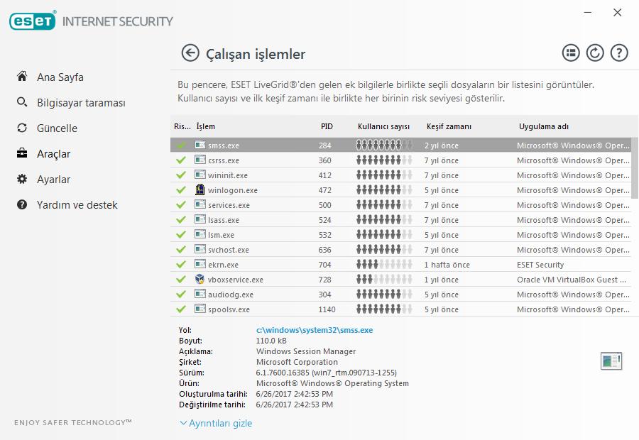 4.6.3.2 Çalışan işlemler Çalışan işlemler, bilgisayarınızda çalışan programları veya işlemleri görüntüler ve ESET'i hemen ve sürekli olarak yeni sızıntılarla ilgili bilgilendirir.