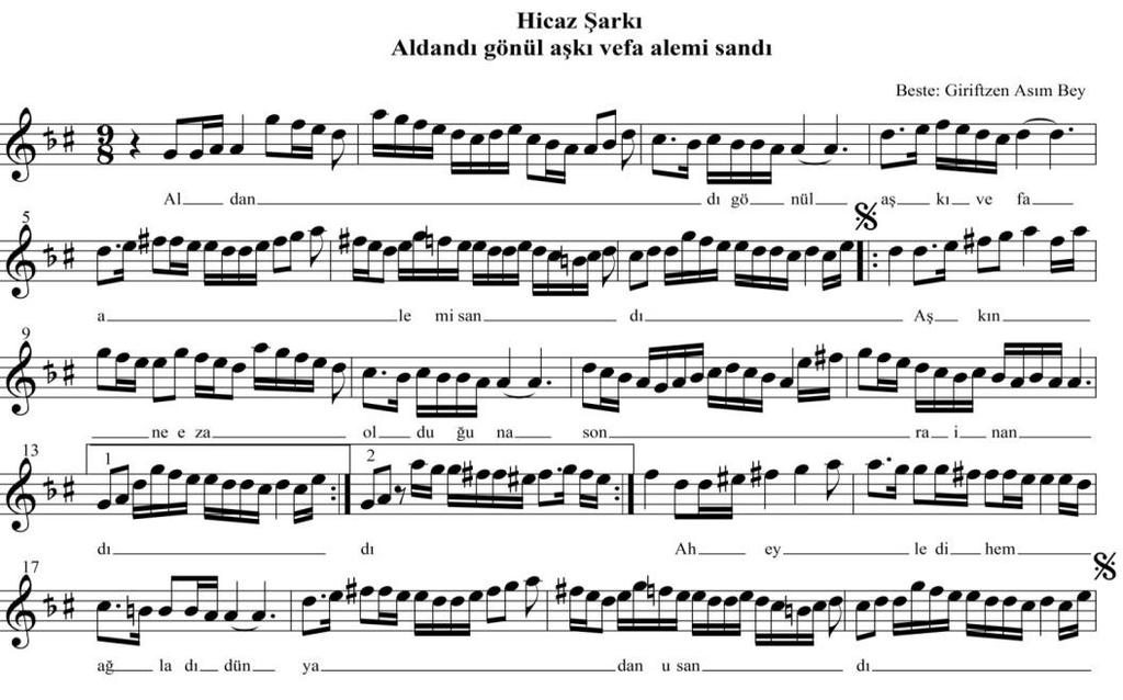 Işıldak, C.H. & Köprülü, G. Rast Müzikoloji Dergisi Cilt V, Sayı 2 (2017), s.1601-1618 Nota 1. Hicâz Şarkı Aldandı gönül aşkı vefa alemi sandı şarkı notası.