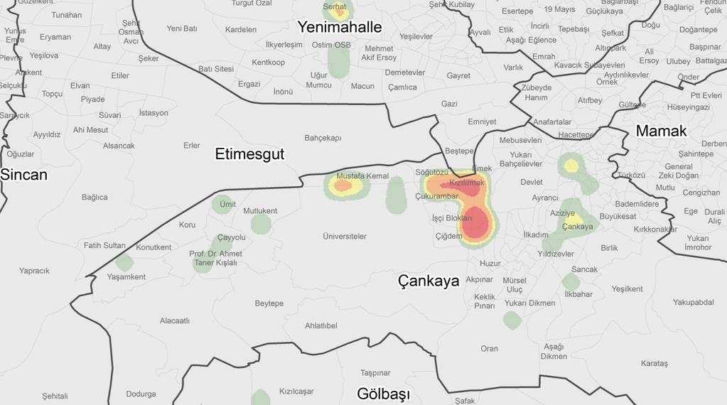 binalarının yoğun olduğu Ankara Merkezi İş Alanı nı, sarı ve yeşil