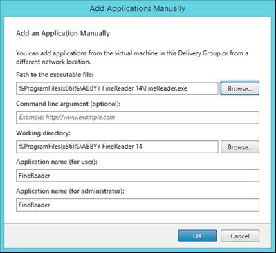 4.2.Manually (Manuel olarak) Seçilen sunucular üzerinde birden fazla uygulama dizini varsa Working directory (Çalisma dizini) kutusundan ABBYY FineReader 14'ü içeren dizini seçin.