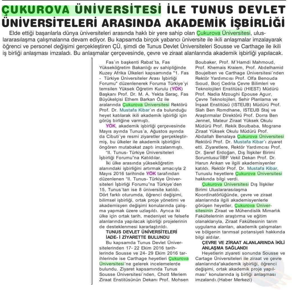 ÇUKUROVA ÜNIVERSITESI ILE TUNUS DEVLET ÜNIVERSITELERI ARASINDA.