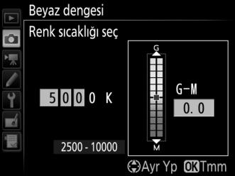 3 Yeşil-galibarda için bir değer seçin. G (yeşil) veya M (galibarda) eksenini vurgulamak için 4 veya 2 düğmesine basın ve bir değer seçmek için 1 veya 3 düğmesine basın.