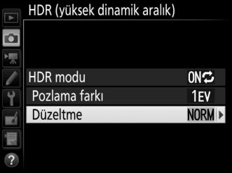 3 Pozlama farkını seçin. İki çekim arasındaki pozlama farkını seçmek için, Pozlama farkı öğesini vurgulayın ve 2 düğmesine basın. Sağda gösterilen seçenekler görüntülenecektir.