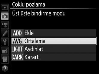 4 Üst üste bindirme modunu seçin. Üst üste bindirme modu öğesini vurgulayın ve 2 düğmesine basın. Aşağıdaki seçenekler görüntülenecektir.