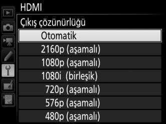 HDMI Seçenekleri Ayarlar menüsündeki HDMI seçeneği (0 312) çıkış çözünürlüğünü ve diğer gelişmiş HDMI seçeneklerini kontrol eder. Çıkış Çözünürlüğü HDMI cihazına gönderilen resimlerin formatını seçin.