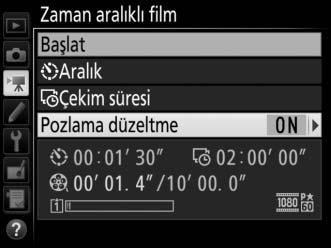 Pozlama düzeltmeyi etkinleştirmek veya devre dışı bırakmak için: Pozlama düzeltme öğesini vurgulayın ve 2 düğmesine basın. Bir seçeneği vurgulayın ve J düğmesine basın.