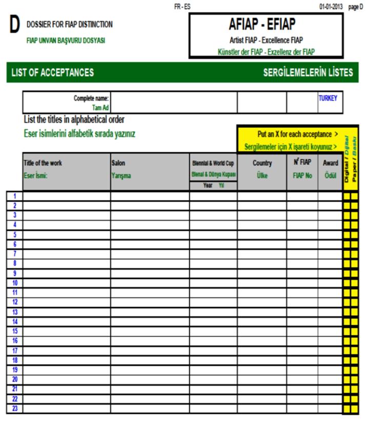 AFIAP Başvuru Formu: D Sayfası Eser Adı Yarışma Adı Bienal ve Dünya Kupası HUSEYIN