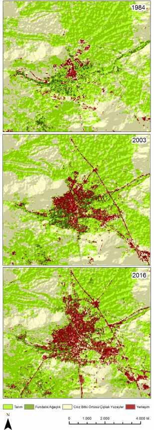 1984 2003 2016 Arazi Alan % Alan % Alan % Kullanımı (ha.) (ha.) (ha.) T 3057 50.6 2787 46.1 2683 44.4 F 165 2.7 236 3.9 362 6 C 2657 44 2563 42.4 2311 38.2 Y 160 2.6 453 7.5 683 11.