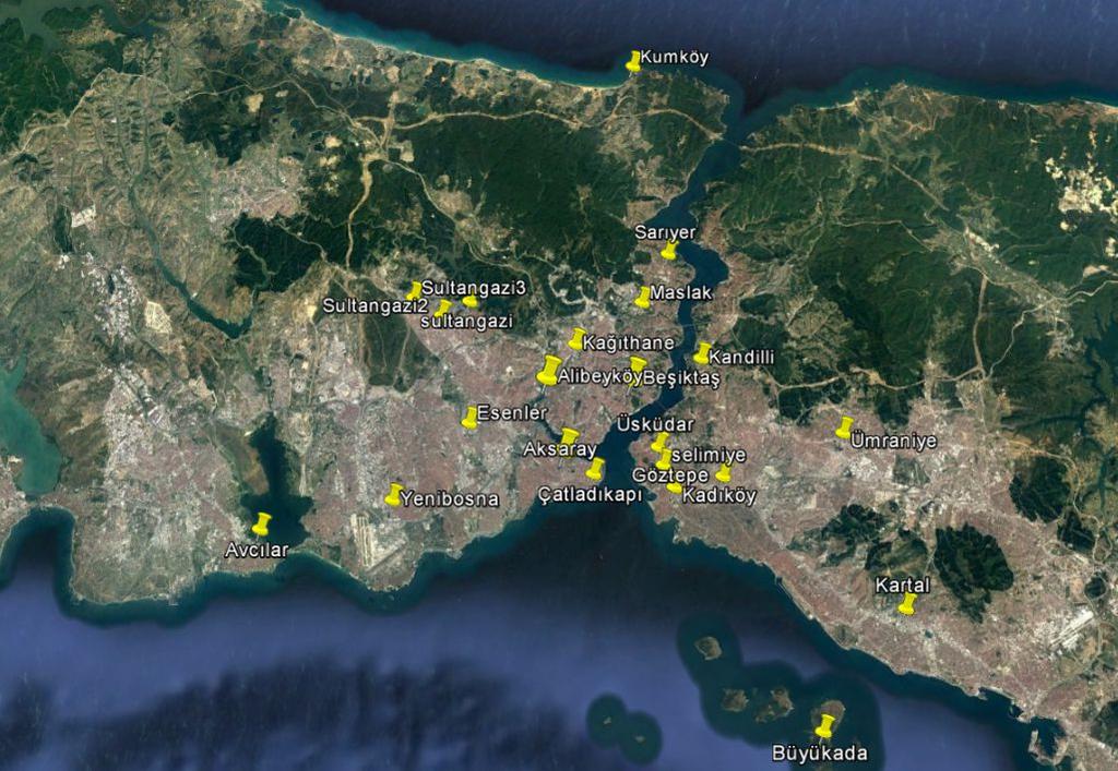 2015 ve 2016 yıllarına ait istatistiksel veriler Tablo 1 de verildiği gibidir. En yüksek değerin görüldüğü istasyon 2015 yılında Kadıköy, 2016 yılında ise Sarıyerdir.
