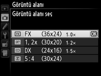 G düğmesi d 2 Bir seçenek seçin. Otomatik DX kırp veya Görüntü alanı seç öğesini vurgulayın ve 2 düğmesine basın. 3 Ayarları yapın. Bir seçeneği seçin ve J düğmesine basın.