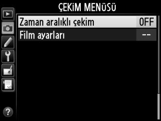 Zaman Aralıklı Çekim Fotoğraf makinesi, sessiz zaman aralıklı filmler oluşturmak için geçerli olarak çekim menüsünde Film ayarları için seçilen seçenekleri kullanarak otomatik olarak seçili