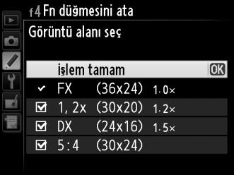 U Fn dğm + ayar kadranları Fn dğm + ayar kadranları seçildiğinde aşağıdaki seçenekler görüntülenir: i $ v w y Seçenek Görüntü alanı seç Enstntn hızı ve diyafram kilidi 1 adımlı hız/ diyafram CPU