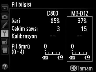 A MB-D12 Pil Paketi MB-D12 pil paketi ekranı sağda gösterilir. EN-EL18 piller kullanılırken, ekranda kalibrasyonun gerekli olup olmadığı gösterilir.