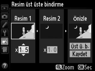 Vurgulanan fotoğrafı seçmek ve önizleme ekranına dönmek için J düğmesine basın. 3 İkinci resmi seçin. Seçilen resim Resim 1 olarak görünür.