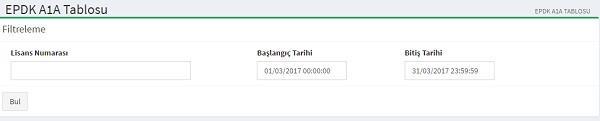 -3 Epdk Tabloları Epdk Tabloları bölümü A1A,A1B,A2,A3A,A3B,A4,A5,UE1T,UE1P,UE2 ve UE3 tablolarından oluşmaktadır.