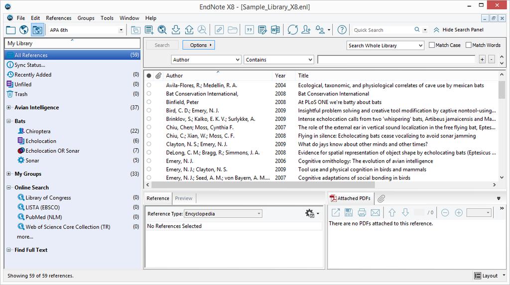 ResearchSoftware.com 15 1.4 Ekran Yapısı 1.4.1 Kütüphane (Library) Penceresi EndNote kütüphanesini açtığınızda kütüphane farklı panellerin bulunduğu Kütüphane Penceresi görüntülenecektir.