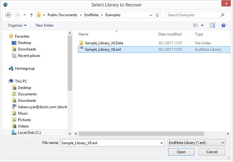 ResearchSoftware.com 34 4. Select Library to Recover penceresi görüntülenecektir, onarmak istediğiniz EndNote kütüphanenizi seçin ve Aç (Open) butonuna basın. 5.