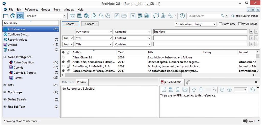 ResearchSoftware.com 91 EndNote PDF dosyalarının içinde geçen kelimeleri tarayarak girmiş olduğunuz arama kriterine uyan kayıtları geçici bir grup olan Search Results grubunun altında listeleyecektir.
