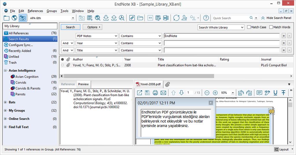 ResearchSoftware.com 92 5.5.4.4 Örnekler ÖRNEK 1 Aşağıdaki örnekte Sample_Library_X8 kütüphanesinde Pepperberg nin 1999 da basılmış yayınını araştıracağız. 1. Sample_Library_X8 kütüphanesini açın. 2.