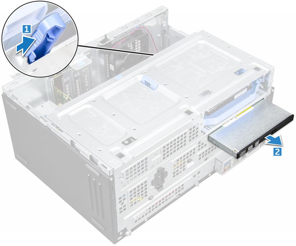 Optik sürücü takma 1 Optik sürücüyü, yerine oturana kadar optik sürücü yuvasına itin. 2 Ön panel kapağını açın. 3 Veri kablosunu ve güç kablosunu sürücü kafesi altından geçirerek takın.