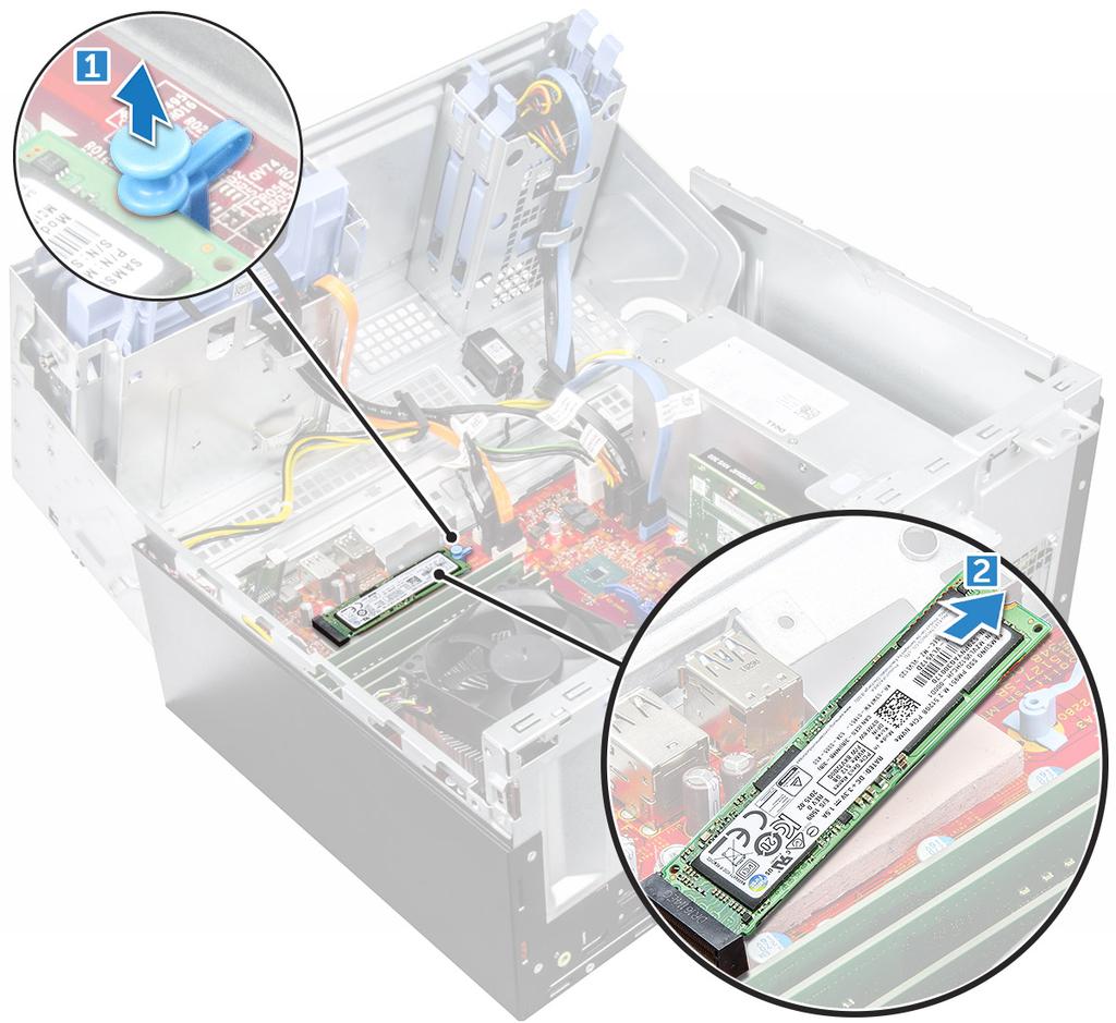 3 Ön panel kapağını açın. 4 M.2 PCIe SSD'yi kaldırma: a M.2 PCIe SSD'yi sistem kartına sabitleyen mavi tırnağı çekin [1]. b M.2 PCIe SSD'yi sistem kartındaki konektörden çıkarın [2]. İsteğe bağlı M.