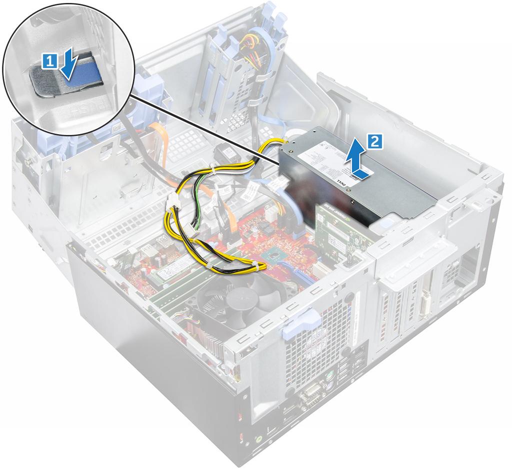 Güç kaynağı ünitesini (PSU) takma 1 PSU'yu, PSU yuvasına takın ve yerine oturana kadar bilgisayarın arkasına doğru kaydırın. 2 PSU'yu bilgisayara sabitlemek için vidaları sıkın.