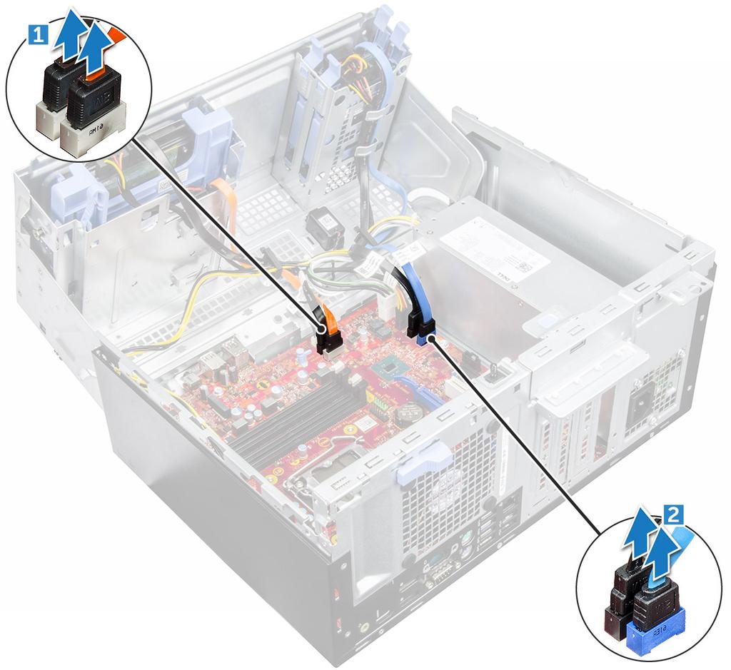 6 Aşağıdaki kabloları sistem kartından çıkarın: a PSU [1] b güç anahtarı [2] c hoparlör [3] d PSU [4] e optik sürücü ve