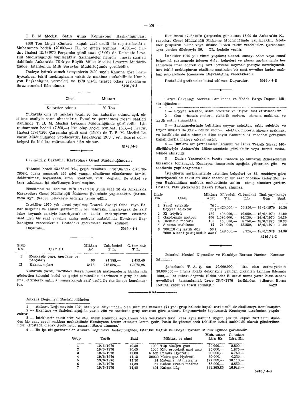 28 T. B. M. Meclisi Satın Alma Komisyonu Başkanlığından: 3500 Ton Linyit kömürü kapalı zarf usulü ile taşıttırılacaktır. Muhammen bedeli (70.000, ) TL. ve geçici teminatı (4.