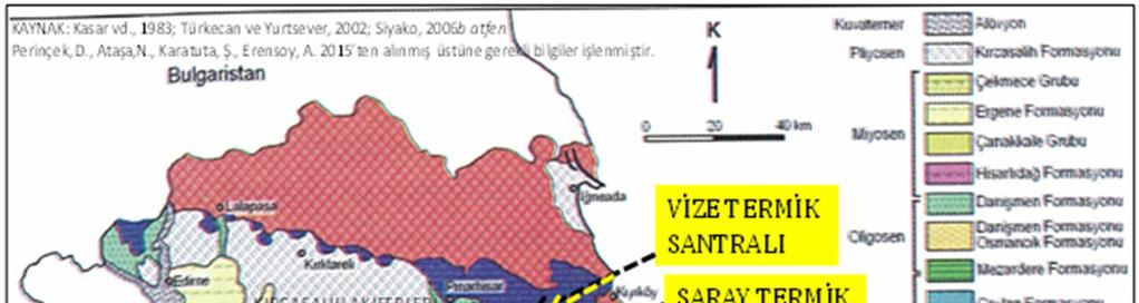 Harita 1. Trakya nın jeolojik bölümleri, Ergene Havzası akiferleri ve Vize, Saray, Çerkezköy termik santralları 3.