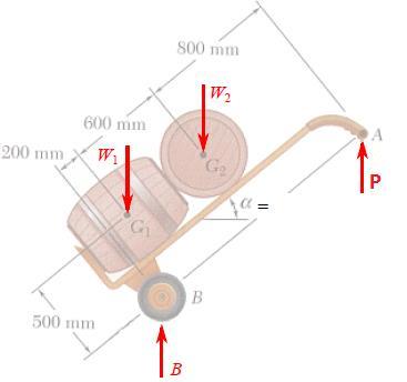Örnek 4.6 Her biri 360 N ağırlığında olan 2 fıçı şekildeki gibi bir el arabasına yüklenmiş, düşey P kuvveti ile denge durumu sağlanmıştır.