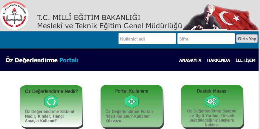 SİTENİN AMACI Şekil 1 - Portal Ana sayfası Öz değerlendirme çerçevesi, özellikle eğitime yönelik olarak tasarlanmış etkin Kalite Yönetim Sisteminin temel öğeleri esas alınarak geliştirilmiştir ve